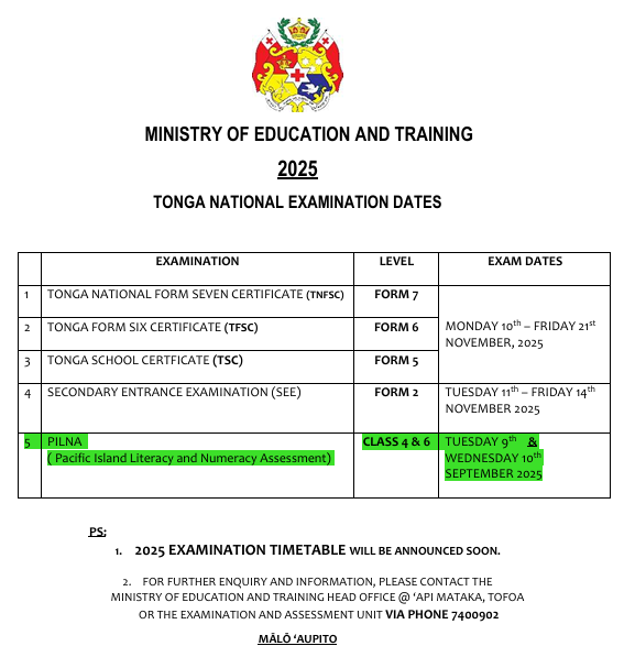 TONGA NATIONAL EXAMINATION DATES 2025